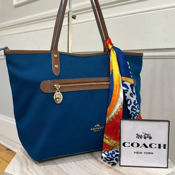 Coach Bag Canvas and Leather Trimmed Blue and Brown Tote - Picture 1 of 17